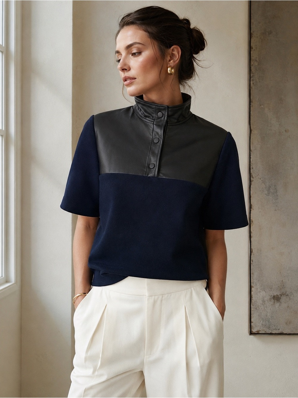 KZ_K Studio NYC Les Arcs Navy Crepe Polo Top Size S Lambskin Leather Avant Garde